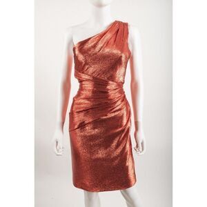 Theia Womens One Shoulder Ruched Dress Cocktail Sz 10 Red Shimmer Matallic NWT
